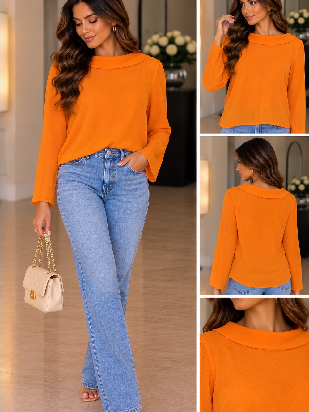 Zara Bright Orange Boatneck Long-Sleeve Blouse